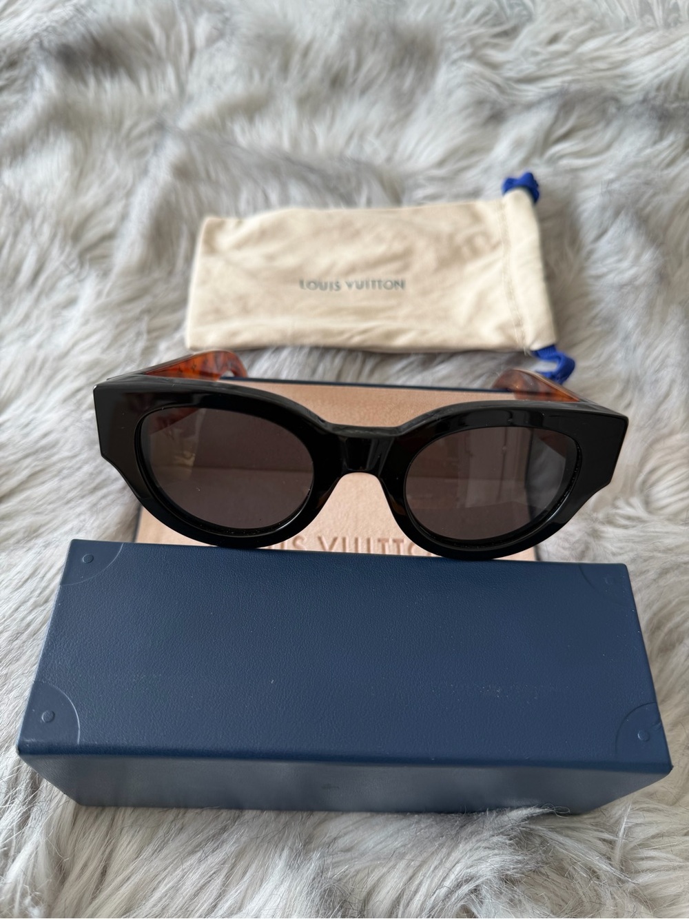 Louis Vuitton Black Cat Eye Sunglasses with Brown Temple Accents